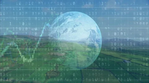Translucent Earth globe floating over farmland in 3D overlaying binary code and Stock Footage 307884742