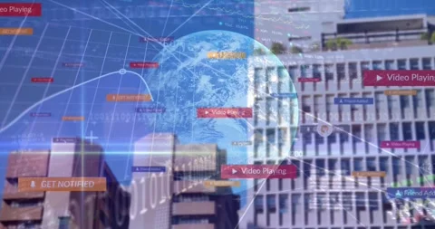 Translucent Earth globe rotating above cityscape while network grid lines and UI Stock Footage 327062427