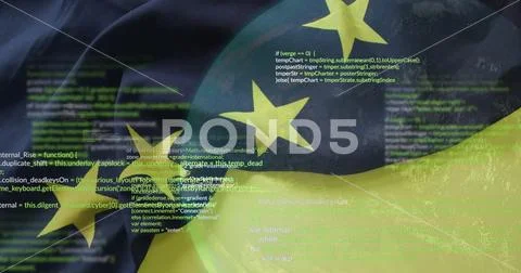 Translucent EU sphere floating in virtual code background, showing lines of Stockfoto's