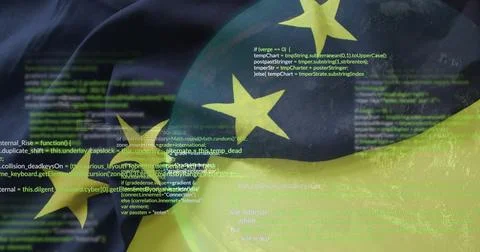 Translucent EU sphere floating in virtual code background, showing lines of Foto stock