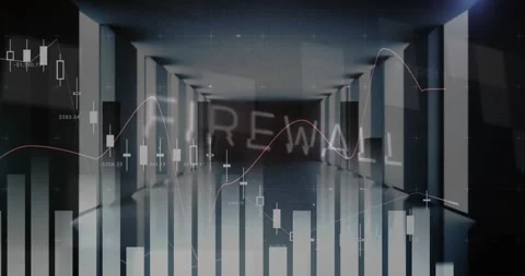 Translucent finance overlay rendering 3D candlestick bars, line graphs, firewall Stock Footage 327447776