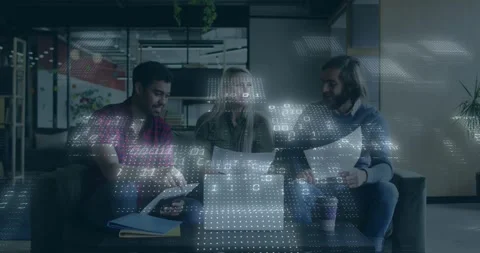 Translucent foil overlay looping on play shifting three dot grids over office Video stock 330195378