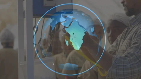 Translucent globe appearing and rotating guiding weighing training with man Stock Footage 315542863