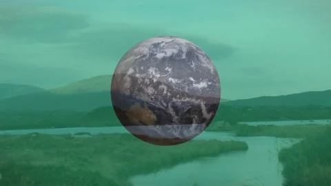Translucent globe appearing at horizon, expanding and rotating over river, Stock Footage 330463153