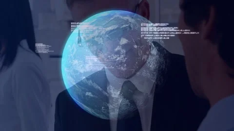 Translucent globe fading into center, rotating Earth with HUD panels circling Stock Footage 333105302