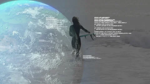 Translucent globe fading code lines around wetsuit surfer wading into surf Stock Footage 311084063