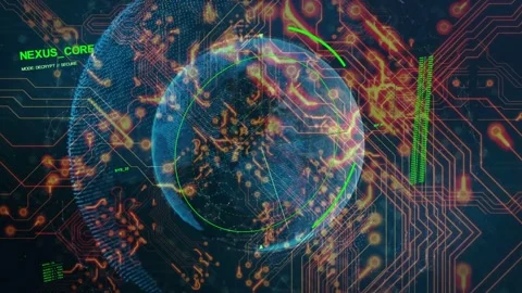 Translucent globe receiving orange nodes from right after green HUD bars pulsing Stock Footage 334724964
