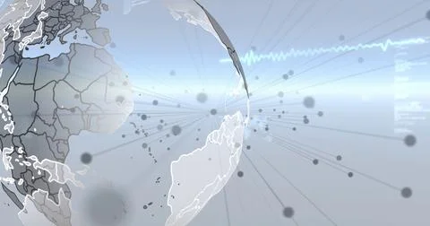 Translucent globe showing network lines and data nodes near blue gradient, copy Stock Photos
