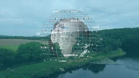 Translucent globe starting over river, rotating and pulsing while visualizing Stock Footage 322204426