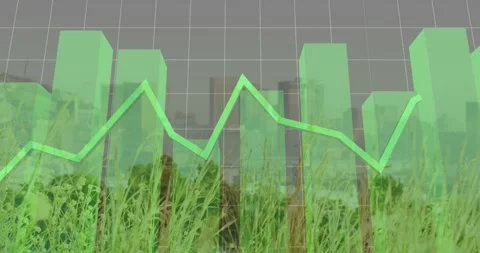 Translucent green 3D bars rising from grass, neon-green line drawing across, Stock Footage 328233699