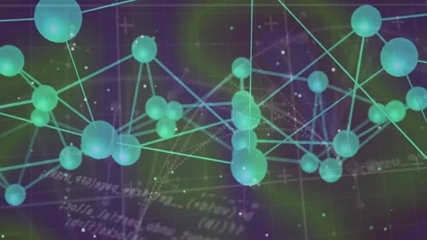 Translucent green-blue spheres connecting in 3D render, forming node graph over Stock Footage 309287610