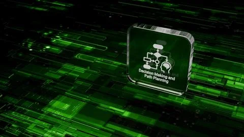 Translucent Green Cube with AI Flowchart Icon Symbolizing Decision Making a.. Stock Photos