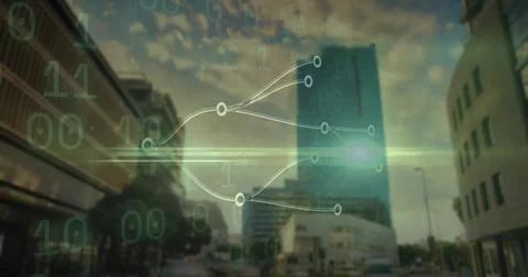 Translucent green data flow diagram overlaying city avenue, with binary code and Stock Photos