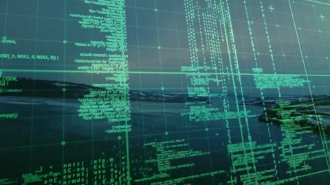 Translucent green digital overlay showing scrolling code and grid lines covering Stock Footage 309282527