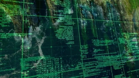Translucent green grid fading in code flowing and shifting across map before Stock Footage 317228959