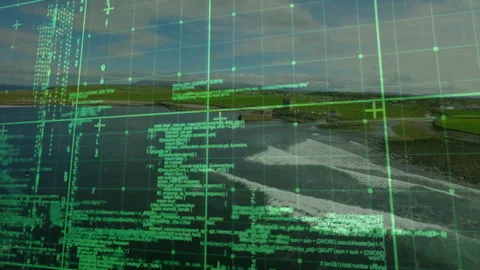 Translucent green grid overlaying rocky coast and fields, showing scrolling code Stock Footage 309156248