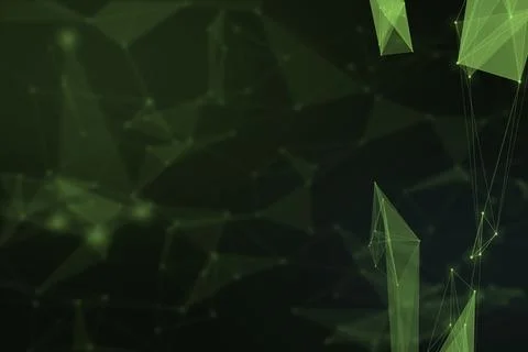 Translucent green polygons and fine luminous connections overlap in a dark .. Illustrazione stock