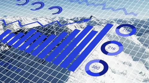 Translucent grid appearing over snowy peaks, blue graphs entering and mapping Stock Footage 333911555