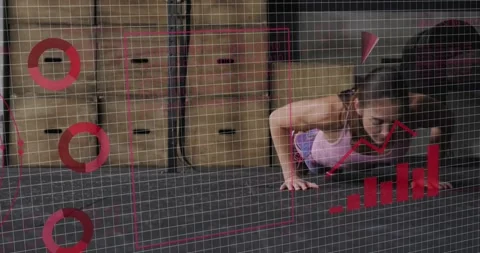 Translucent grid appearing, woman moving to plank doing push-ups and knee-drives Vidéo 331634702