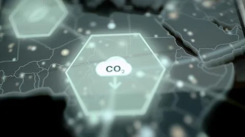 Translucent hexagon containing a CO2 cloud and downward arrow overlays 库存照片