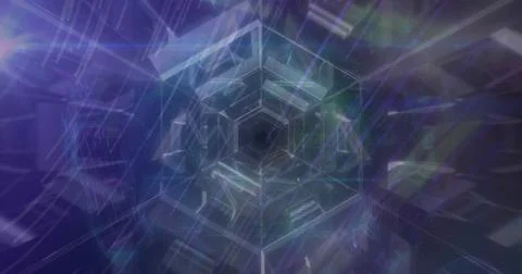 Translucent hexagonal frames forming deep receding tunnel with glowing blue 库存照片