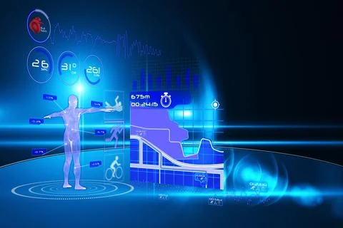 Translucent hologram is floating on circular platform in digital interface with Illustrazione stock