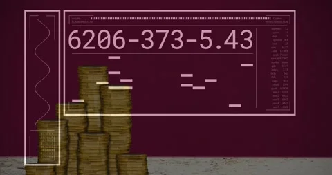 Translucent HUD appearing over gold coins, data updating and bars scanning Stock Footage 328485588