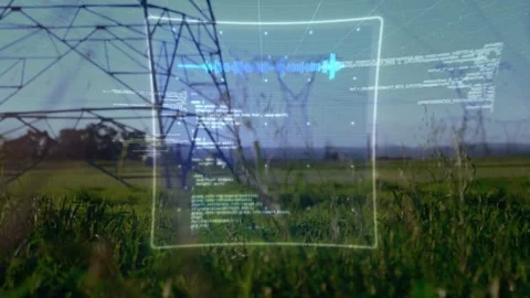 Translucent HUD fading in over power corridor, aligning with pylons and scanning Stock Footage 332522888
