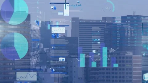 Translucent HUD overlay animating over city skyline after data pulse showing Stock Footage 322119735