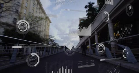 Translucent HUD pulsing then tracking pedestrians walking across bridge to show Vídeo Stock 317260179
