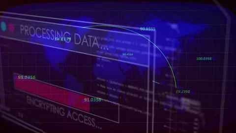 Translucent HUD sliding in, starting data arcs over world map and filling Stock Footage 332804399