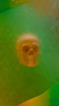Translucent human skull behind hexagon pattern with green yellow gradient b.. イラスト素材