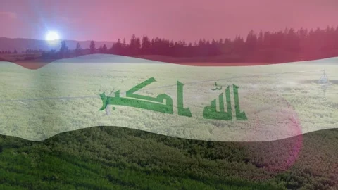 Translucent Iraqi flag overlay appearing waving while sun emerging highlighting Stock Footage 328084130