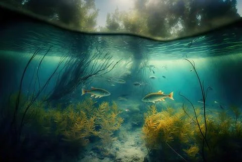 Translucent lake or freshwater ecosystem, an uncommon underwater landscape Stock Illustration