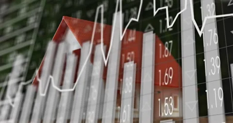 Translucent line graph fading in over model house, bars growing, falling, Stock Footage 317459559
