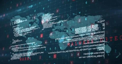 Translucent map displaying code panels on malware alert, highlighting threat Stock Illustration