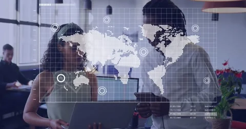 Translucent-map overlay appearing team holding laptop, phone tapping comparing Stock Footage 331165744