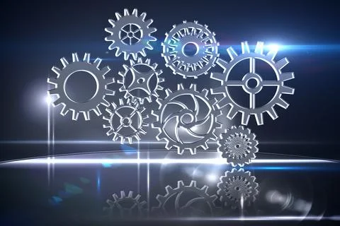 Translucent metallic gears are floating in 3D render on reflective base with  Stock Illustration