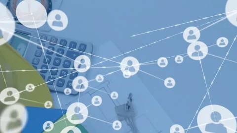 Translucent network connecting user icons with glowing lines over engineering Stock Footage 309284446