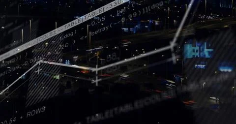 Translucent network diagram streaming over highway at night, with code snippets Stock Photos