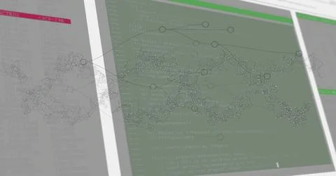 Translucent network graph overlay floating in workspace, with dual monitors Stock Illustration