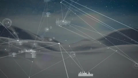 Translucent network nodes connecting glowing dune ridges in desert night sky, Stock Footage 328520890