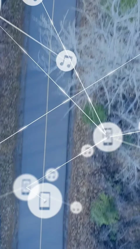 Translucent network overlay shifting over winter road, on signal ping, showing Stock Footage 330189481