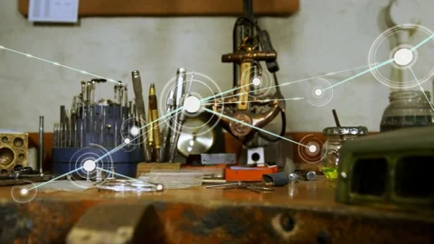 Translucent node appearing, animated nodes moving and linking across workbench Video stock 330192371