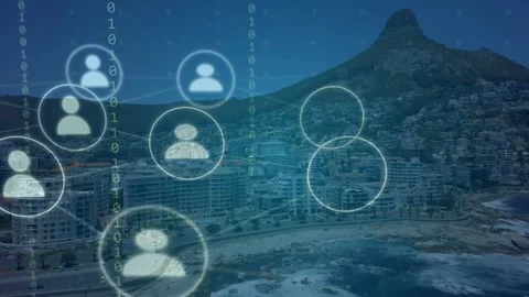 Translucent node appearing over coast, spawning user nodes filling, clustering, Video stock 333734295