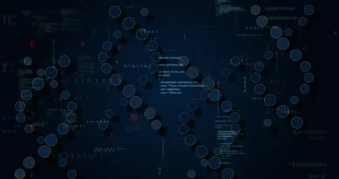 Translucent nodes materializing on navy code, clustering, pulsing, illustrating Stock Footage 315589021