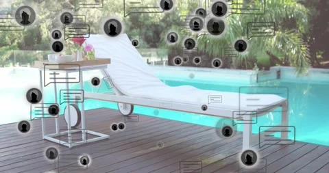 Translucent notification icons emerging from top, drifting around lounge chair Stock Footage 318626141