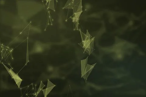 Translucent olive polygon fragments and fine digital connections emerge fro.. Illustrazione stock
