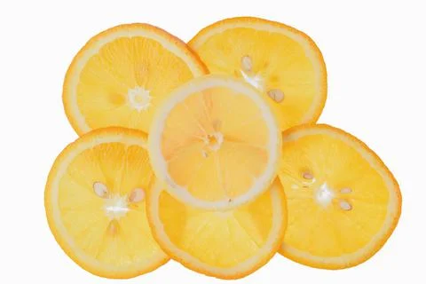 Translucent orange slices on a white background, slices of citrus fruit Stock-Fotos