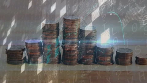 Translucent overlay appearing over coin stacks line graphs rising and light Stock Footage 335235441